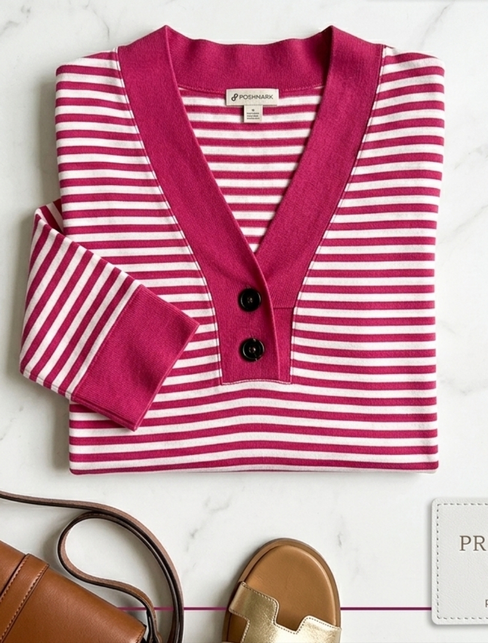 American Eagle Outfitters Women's Pink & White Striped Henley Top | Y2K Long